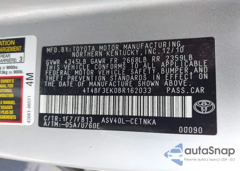 2011 Toyota Camry Le z USA, uszkodzony, nr VIN 4T4BF3EK0BR162033